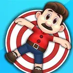 Postać z wąsami w czerwonej koszuli przyczepiona do tarczy na niebieskim tle