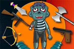 Zombi w pasiaku otoczony przez różne bronie, takie jak pistolet, topór, miecz, łuk i karabin, na pomarańczowym tle
