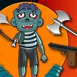 Zombi w pasiaku otoczony przez różne bronie, takie jak pistolet, topór, miecz, łuk i karabin, na pomarańczowym tle