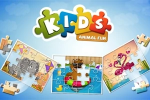 Obrazek przedstawia układankę puzzli z kolorowym napisem KIDS ANIMAL FUN na górze oraz trzema zdjęciami zwierząt pośrodku