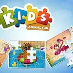 Obrazek przedstawia układankę puzzli z kolorowym napisem KIDS ANIMAL FUN na górze oraz trzema zdjęciami zwierząt pośrodku