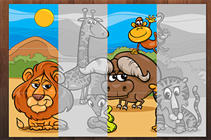 Lew, żyrafa, małpa, bawół i lemur w scenerii afrykańskiej sawanny z górami i słońcem na horyzoncie, częściowo w kolorze i szkicu