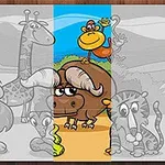 Lew, żyrafa, małpa, bawół i lemur w scenerii afrykańskiej sawanny z górami i słońcem na horyzoncie, częściowo w kolorze i szkicu