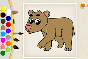 Rysunek przedstawiający brązowego misia z dużymi oczami na tle palety kolorów i pędzli