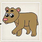 Rysunek przedstawiający brązowego misia z dużymi oczami na tle palety kolorów i pędzli