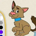 Rysunek wesołego, brązowego psa z niebieską obrożą, obok paleta kolorów i pędzel