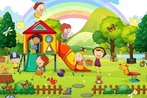 Dzieci bawiące się na placu zabaw otoczonym drzewami, z tęczą w tle