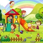 Dzieci bawiące się na placu zabaw otoczonym drzewami, z tęczą w tle