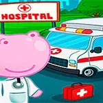 Różowy hipopotam w stroju lekarza przed szpitalem z karetką w tle