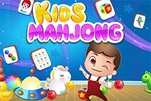 Chłopiec w stroju z czerwonymi szelkami stoi na tle kolorowych klocków i zabawek w dziecięcym pokoju z napisem Kids Mahjong