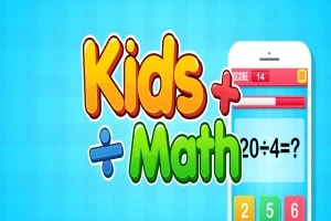 Napis „Kids Math” obok ilustracji telefonu z aplikacją matematyczną z przykładem do rozwiązania na niebieskim tle