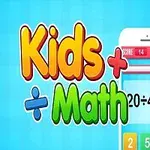 Napis „Kids Math” obok ilustracji telefonu z aplikacją matematyczną z przykładem do rozwiązania na niebieskim tle