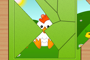 Kura w układance z zielonych kształtów na tle krajobrazu z trawą i słońcem