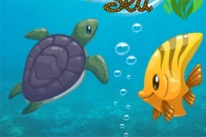 Żółw i żółta ryba z czarnymi paskami pływają w oceanie, otoczone bąbelkami