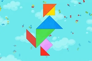 Kolorowe figury geometryczne ułożone w kształt postaci na tle nieba z chmurami i konfetti