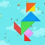 Kolorowe figury geometryczne ułożone w kształt postaci na tle nieba z chmurami i konfetti