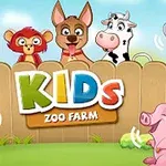 Zabawne zwierzęta stojące przy płocie z kolorowym napisem KIDS i małą tabliczką ZOO FARM na zielonej trawie