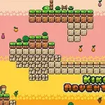 Pikselowy krajobraz z platformami z cegieł, roślinnością, postacią i owocami zawieszonymi w powietrzu, z napisem Kiko Adventure na dole
