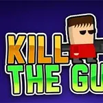 Napis KILL THE GUY z rysunkową postacią w czerwonej koszulce i okularami, trzymającą broń, na ciemnoniebieskim tle