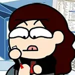 Kreskówkowa postać z długimi ciemnymi włosami maluje paznokcie przy biurku z komputerem