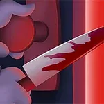 Postać trzymająca zakrwawiony nóż i rękę na czerwonym klamce drzwi