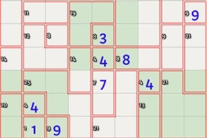 Diagram logiczny z numerami w niektórych polach i czerwonymi liniami dzielącymi siatkę na sekcje