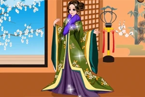 Postać w tradycyjnym stroju japońskim z długimi rękawami, ozdobionym kwiatowym wzorem, na tle wnętrza z oknem i dekoracją sakura