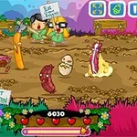 Kolorowa scena z rysunkowymi postaciami trzymającymi plakaty z hasłami Eat Your Veggies i Eat Green oraz z kreskówkowymi warzywami i jedzeniem