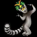 Lemur o dużych oczach i kolorowym pióropuszu pokazujący figlarną pozę na czarnym tle