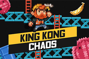 Pixeloza postać z brodą na tle niebieskich platform i czerwonych drabin, z żółtym bananem oraz różowymi kulami, z napisem King Kong Chaos
