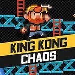 Pixeloza postać z brodą na tle niebieskich platform i czerwonych drabin, z żółtym bananem oraz różowymi kulami, z napisem King Kong Chaos