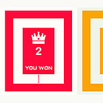 Czerwona karta z koroną i napisem YOU WON oraz numerem 2 obok żółtej karty z wynikiem 0 i przyciskiem PLAY AGAIN