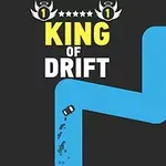 Niebieska kręta droga z samochodem driftującym na czarnym tle, z napisem King of Drift u góry