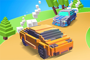 Dwa pikselowe samochody wyścigowe na zakręcie drogi, wokół widać drzewa i błękitne niebo