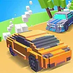 Dwa pikselowe samochody wyścigowe na zakręcie drogi, wokół widać drzewa i błękitne niebo