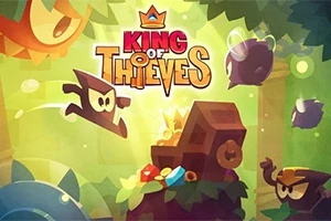 Postać w masce biegnie w stronę skrzyni z klejnotami, otoczona kolorowymi elementami i zielonym tłem z napisem King of Thieves u góry