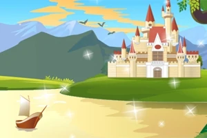 Zamek z czerwonymi wieżami nad rzeką z żaglówką, w tle góry i latające ptaki