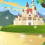 Zamek z czerwonymi wieżami nad rzeką z żaglówką, w tle góry i latające ptaki