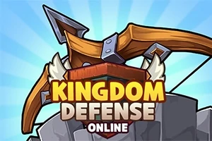 Kolorowa ilustracja przedstawiająca duży łuk z napisami Kingdom Defense Online na tle nieba