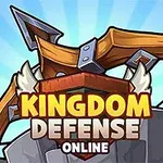 Kolorowa ilustracja przedstawiająca duży łuk z napisami Kingdom Defense Online na tle nieba