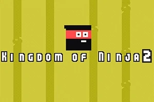 Czarny kwadratowy ninja z czerwonym paskiem na żółtym tle, z napisem Kingdom of Ninja 2