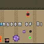 Na obrazie widnieje napis Kingdom of Ninja 4 w stylu pixel art, z różnymi kolorowymi ikonami, drzwiami i skrzynią z napisem Level Up