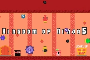 Pikselowa scena w stylu retro z różnymi postaciami i obiektami na pomarańczowym tle, z tytułem Kingdom of Ninja 5 pośrodku