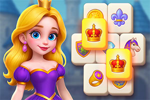 Młoda blondynka w fioletowej sukni i koronie na tle kafelków z symbolami, takimi jak korona, koń i pierścień