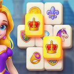 Młoda blondynka w fioletowej sukni i koronie na tle kafelków z symbolami, takimi jak korona, koń i pierścień