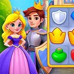 Księżniczka i książę w kolorowych strojach stoją obok planszy z ikonami koron, tarcz, diamentów i kokardek