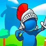 Niebieska postać w hełmie rycerskim z uniesionym mieczem na kolorowym tle z drzewami i kulą armatnią