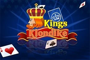Ilustracja z królem w koronie, tekstem Kings Klondike, kartą dworu i latającymi kartami z kolorami