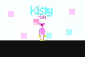 Różowa, pixelowa postać na białym tle z kolorowymi kwadratami i napisami Kisiy Misiy