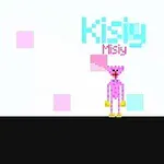 Różowa, pixelowa postać na białym tle z kolorowymi kwadratami i napisami Kisiy Misiy